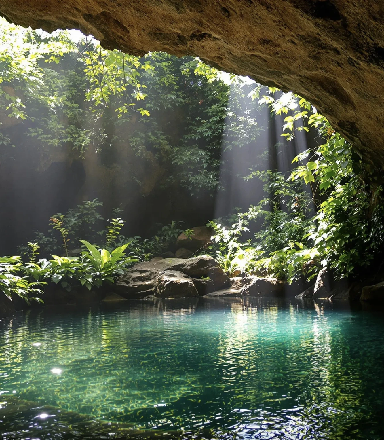 the serene interior of a cave, where a pool of water is nestled amidst an abundance of greenery. Sunlight filters through the cave opening, casting a soft glow on the surrounding foliage and the tranquil water below