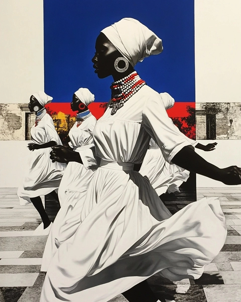 we see an African religious ritual - with women dressed in white dancing - wearing turbans and necklaces - against a minimalist background - painting by picasso