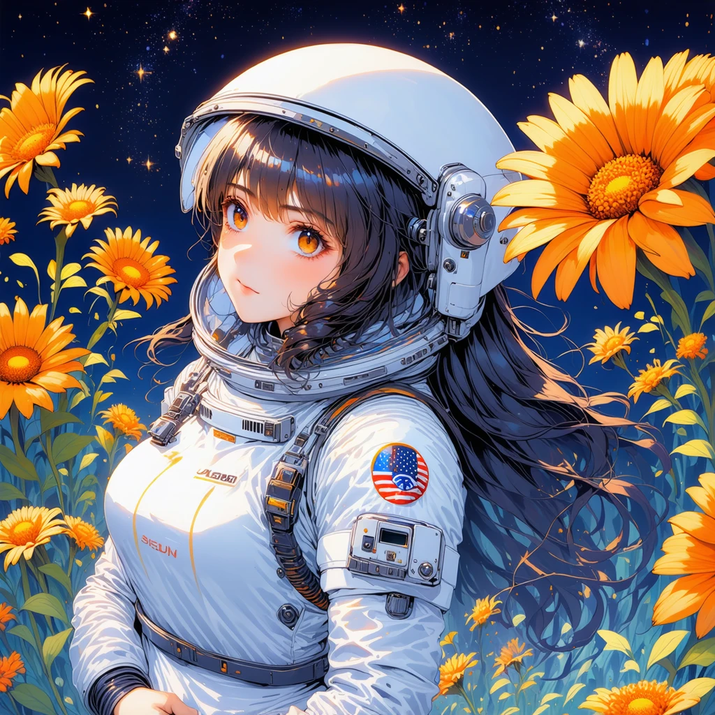 a captivating anime-style illustration of a woman in a white astronaut suit. She has long, dark wavy hair. Surrounding the astronaut are vibrant orange flowers with yellow centers. The background itself is a mesmerizing night sky filled with countless stars